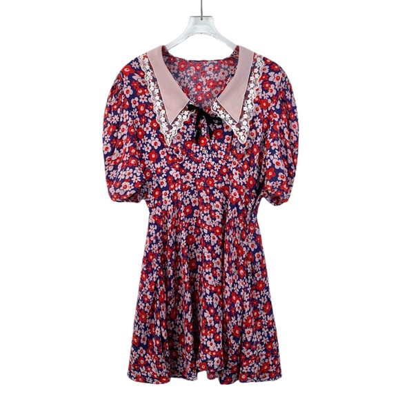 Miu Miu Floral Puff Sleeve Dress with Pink Collar - Picture 1 of 16